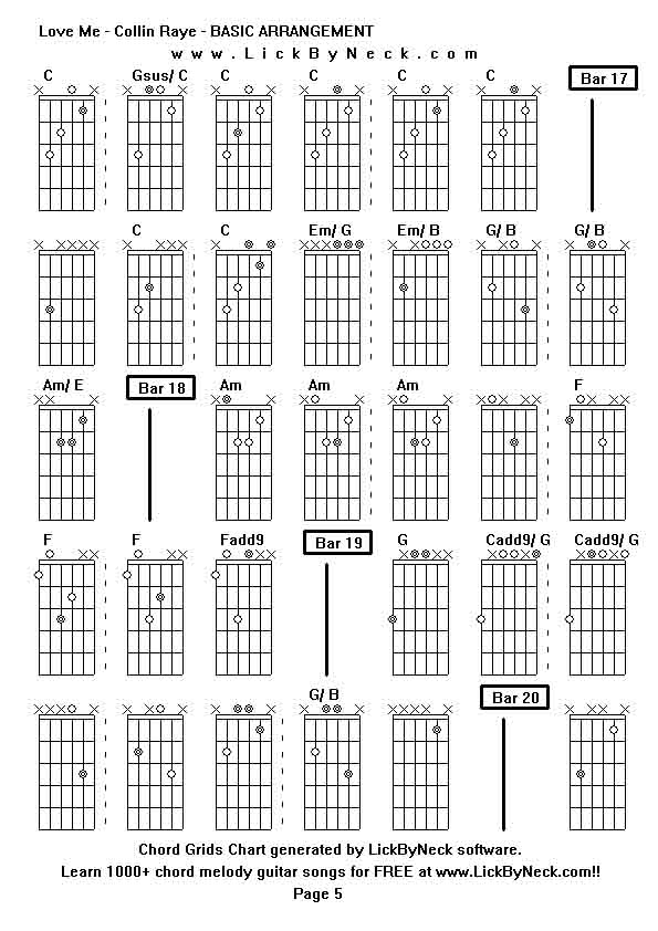 Chord Grids Chart of chord melody fingerstyle guitar song-Love Me - Collin Raye - BASIC ARRANGEMENT,generated by LickByNeck software.